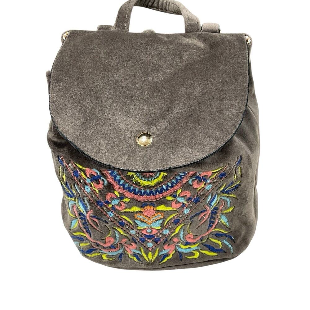 Beautiful Embroidered Mini Backpack Brown Suede With Snap Button Closure-Travel